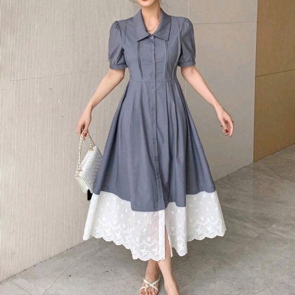 Women's Collared Colorblock Puff Sleeve Midi Shirt Dress - Picture 1 of 4